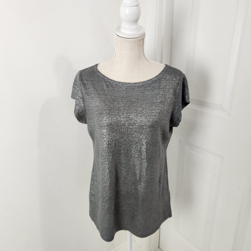 Eileen Fisher Top Womens XS Silver Linen Loose Fit Shimmer Shiny Beach Party